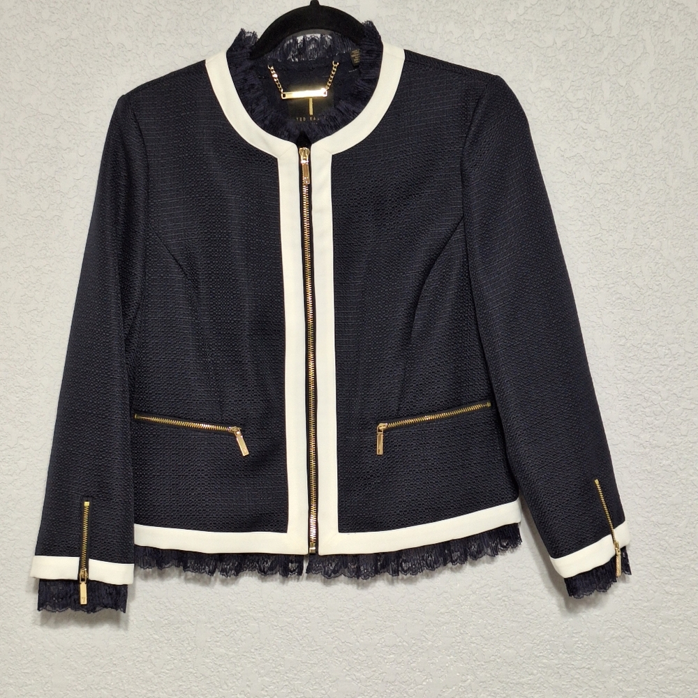 Ted Baker Navy Textured Zip Blazer Lace Trim Gold Hardware Size 3 - Picture 2 of 6